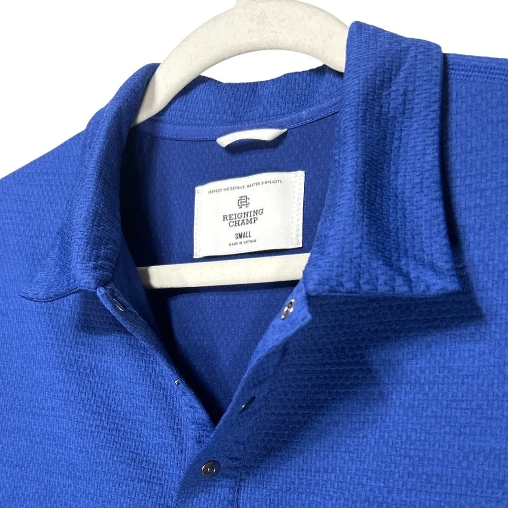 Reigning Champ Mens Blue‎ Textured Knit Short Sleeve Polo Shirt Size Small